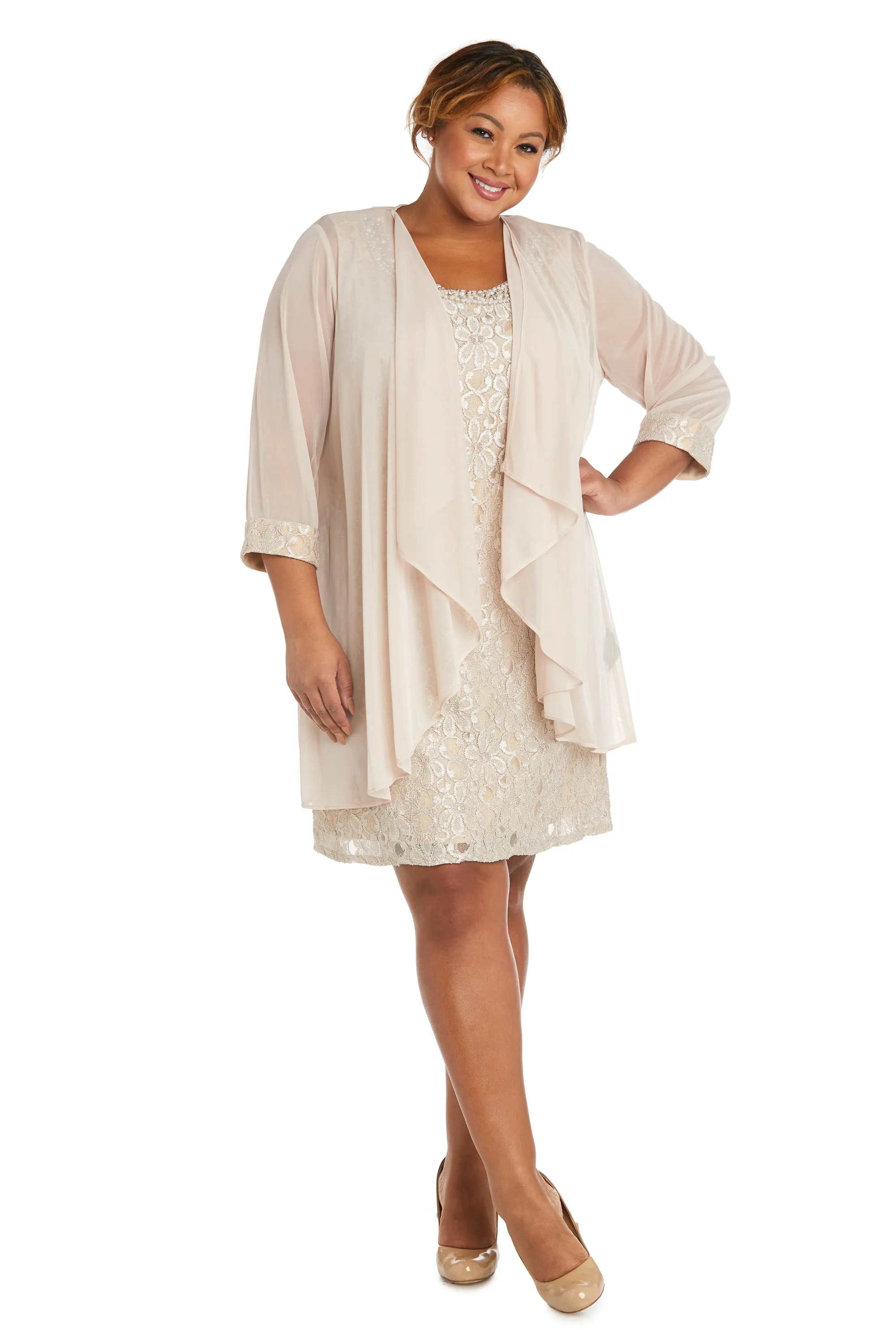 Women's Plus Size Sheer Draped Jacket and Pearl-Embellished Lace Shift Dress