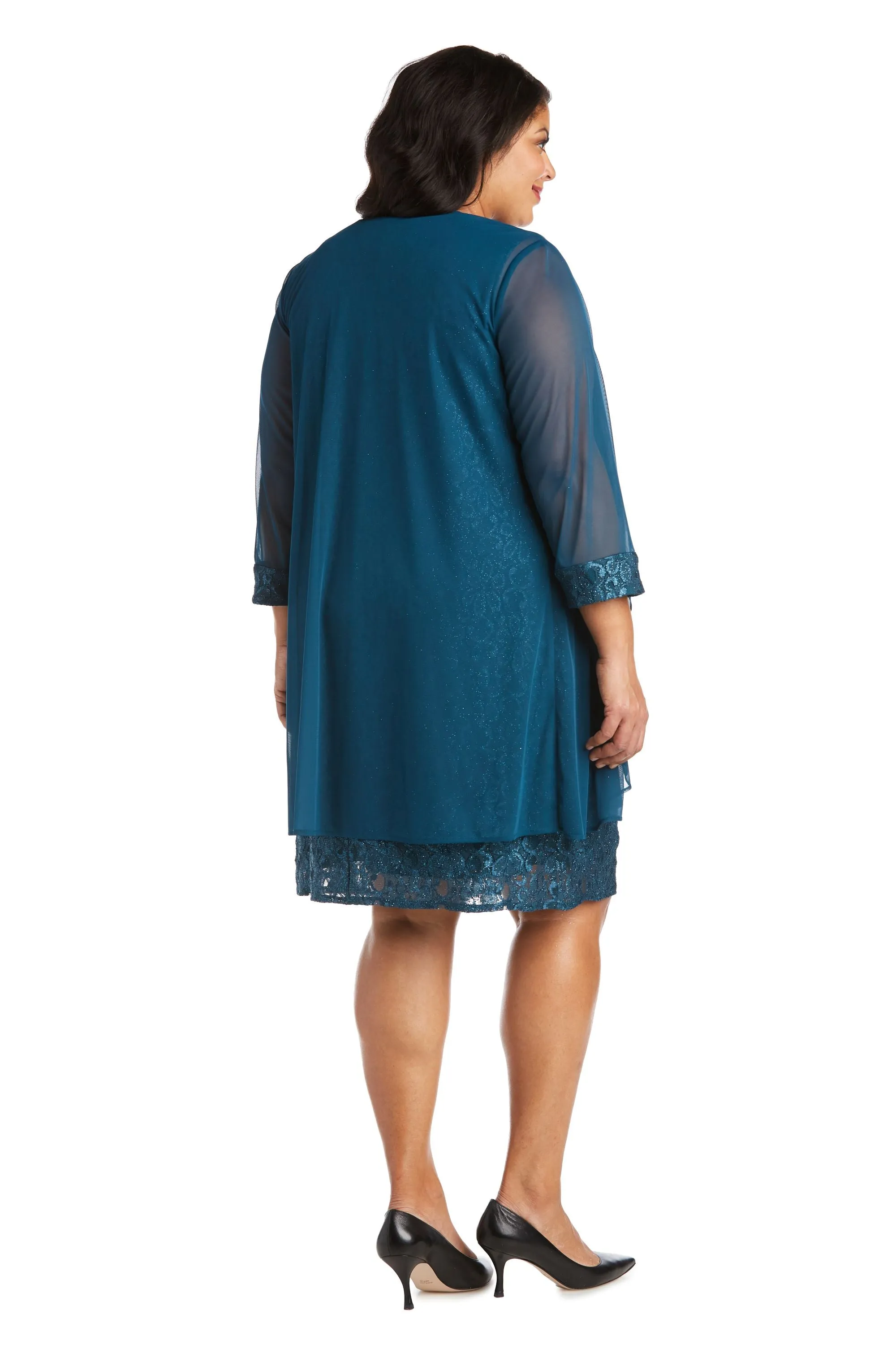 Women's Plus Size Sheer Draped Jacket and Pearl-Embellished Lace Shift Dress