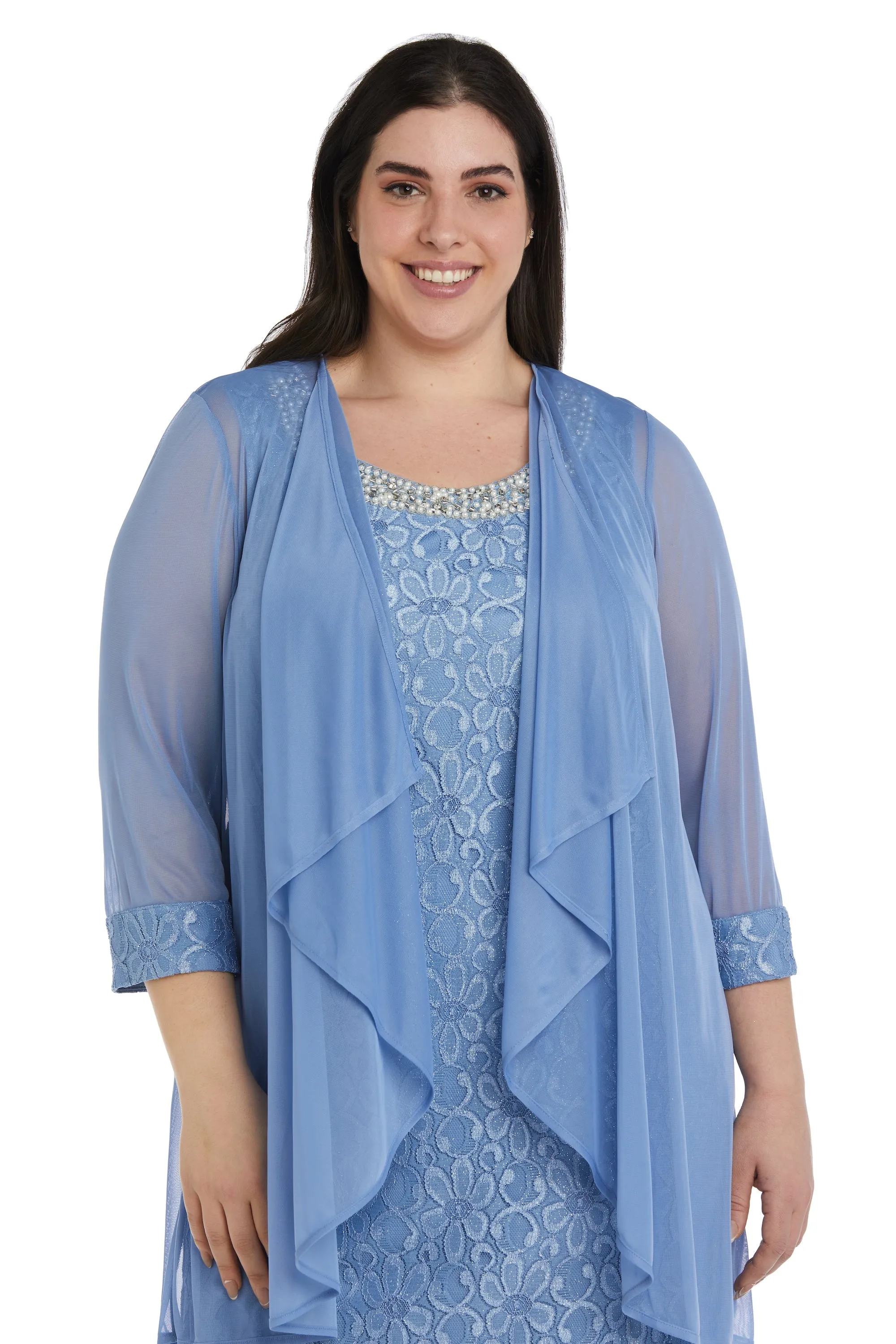 Women's Plus Size Sheer Draped Jacket and Pearl-Embellished Lace Shift Dress