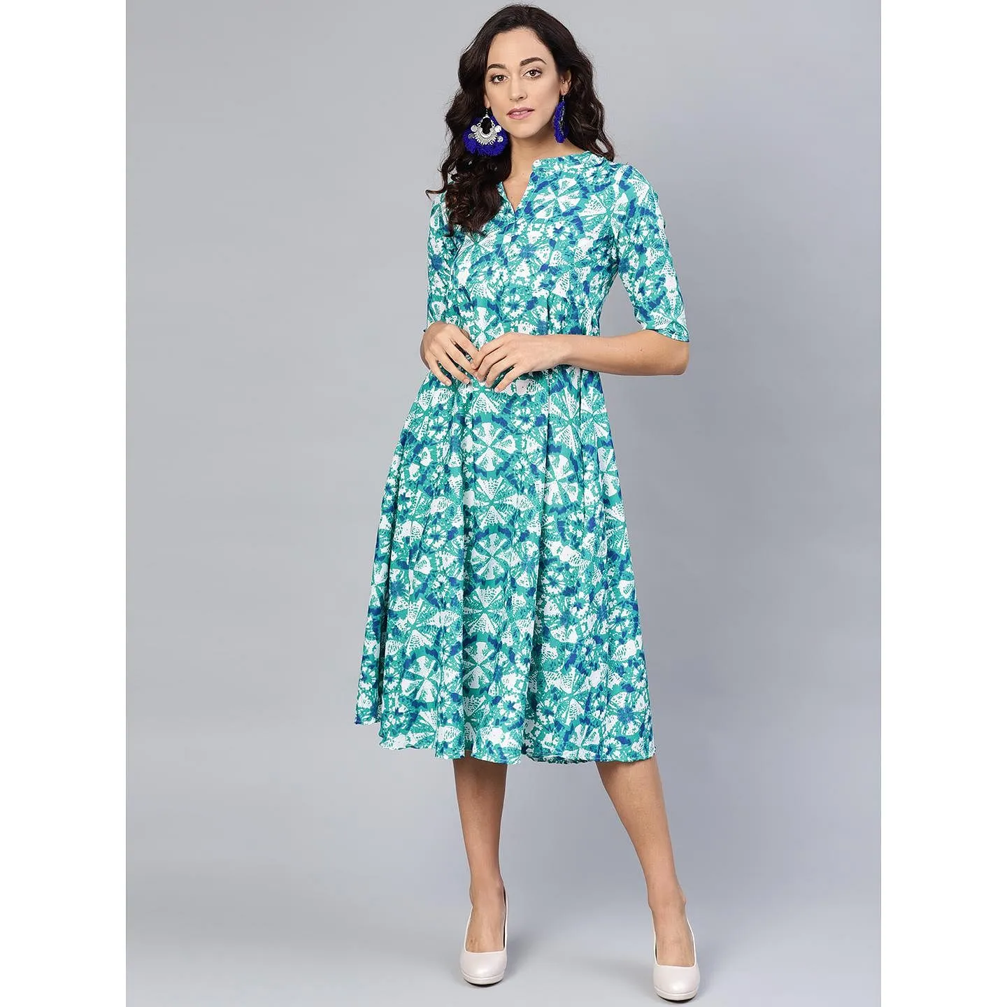 Women's Turquoise Blue Printed Collar Neck Crepe Dress