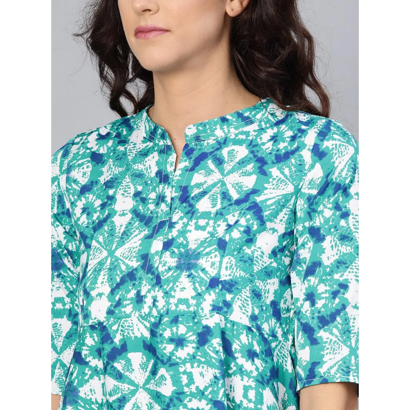 Women's Turquoise Blue Printed Collar Neck Crepe Dress