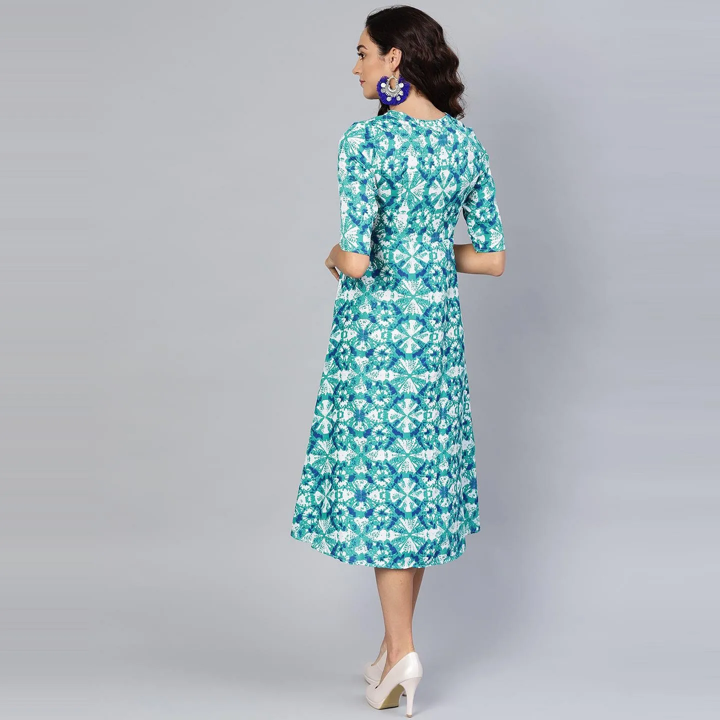 Women's Turquoise Blue Printed Collar Neck Crepe Dress